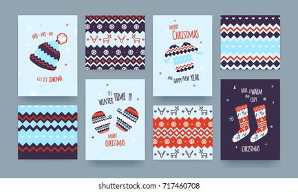 Set of Cute Illustrated Christmas Card with Winter Hat, Socks and Sweater, Christmas patterns, Blue Colors