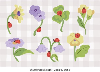 Set of cute illustrated floral and ladybug elements on a soft checkered background. For creating patterns, scrapbooking, or spring-themed motifs.