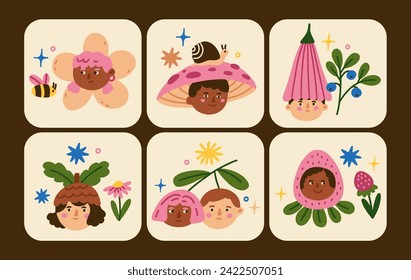 Set of cute illustration cards. Characters with fungi, flowers and fruits. Funny portraits, spring plants elements.  Perfect for social media posts, pins and cards. All elements are