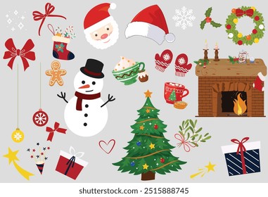 Set of cute illustration in christmas and winter concept.Cartoon character design collection. Fireplace ,gift box, snowman, tree, candy, gingerbread, ribon, stars, hand drawn.Vector Illustration.