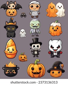 Set Of Cute illustration Halloween event  bat, black cat, Cauldrons, ghost, jack-o-lanterns, mummy, skeleton, vampire, zombie, spider, pumpkin