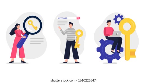 Set of cute illustration on Search Engine Optimization theme. Web developers team search for keywords to improve website page rank. Flat Vector illustration.