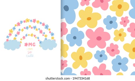 Set cute illustration with rainbow of flowers and seamless pattern with bright large flowers. Collection in hand drawn style in pastel color for kids clothing, textiles, children's room design. Vector