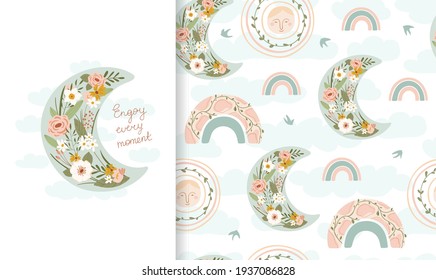 Set cute illustration and seamless pattern with rainbow, moon in flowers. Collection in hand drawn style in pastel color for kids clothing, textiles, children's room design. Vector