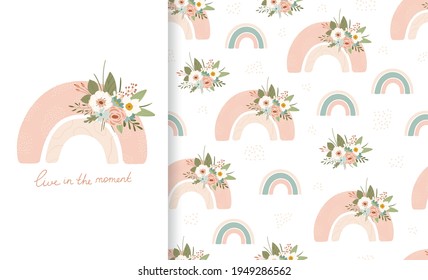 Set cute illustration and seamless pattern delicate spring rainbow with bouquet of flowers. Collection in hand drawn style in pastel colors for kids clothing, textiles, children's room design. Vector