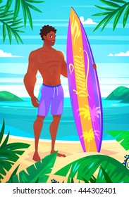 Set of cute illustration of surfing boy. Vector cartoon character. Boy on a background of the sea and palm trees. Vector design illustration for web design development, natural landscape graphics.