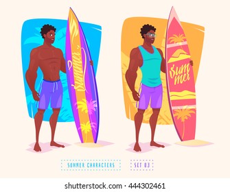 Set of cute illustration of surfing guys. Vector cartoon character. Vector design illustration for web design development. Vector stock illustration