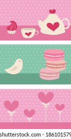 Set of cute illustration. Sweet cake, macaroons, tea, hearts, bird. Can be used for cards, invitations.