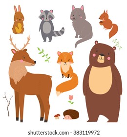 Set of cute illustration of  woodland animals isolated on white background. Animals for design posters, card, postcard, wallpaper in children room or fabric