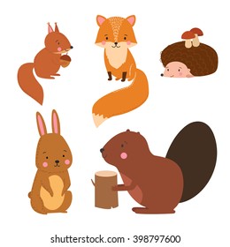 Set of cute illustration of  woodland animals isolated on white background. Animals for design posters, card, postcard, wallpaper in children room or fabric
