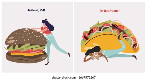 
A set of cute illustrations about a gastronomic trip to USA and Mexico