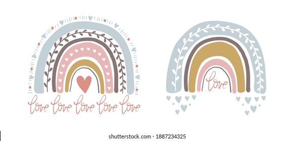 Set of cute illustrations with abstract full color rainbow. Striped arch in vintage pastel colors with hearts. Simple vector clipart illustration isolated on white background