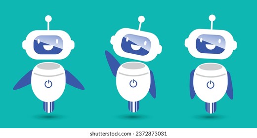 set of cute illustrations of artificial intelligence robot characters in different poses waving, greeting and saying hello. vector illustration