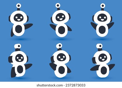 set of cute illustrations of artificial intelligence robot characters in different poses waving, greeting and saying hello. vector illustration