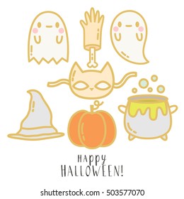 set with cute illustrations of baby ghosts, pumpkin, potion, cat mask and witch hat with happy halloween text message. can be used like template for pins brooch and stickers