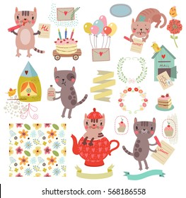 Set of cute illustrations and characters. Cats, birds, floral pattern, letter. - Shutterstock ID 568186558