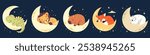 A set of cute illustrations in a childish style. Cute newborn animals sleeping on the moon, night and stars. Lion capybara fox polar bear dinosaur mouse
