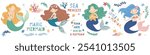 A set of cute illustrations in a childish style. Cute mermaids in different poses. sea stars and seaweed, inscriptions
