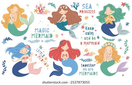 Um conjunto de ilustrações bonitas em um estilo infantil. Sereias bonitas em diferentes poses. estrelas do mar e algas, inscrições