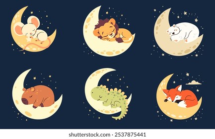 A set of cute illustrations in a childish style. Cute newborn animals sleeping on the moon, night and stars. Lion capybara fox polar bear dinosaur mouse