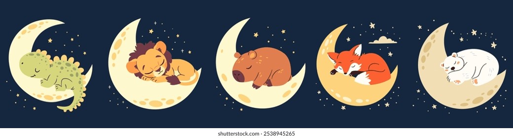 Un conjunto de ilustraciones lindas en un estilo infantil. Animales recién nacidos lindos que duermen en la luna, la noche y las estrellas. Lion capybara zorro oso polar dinosaurio ratón