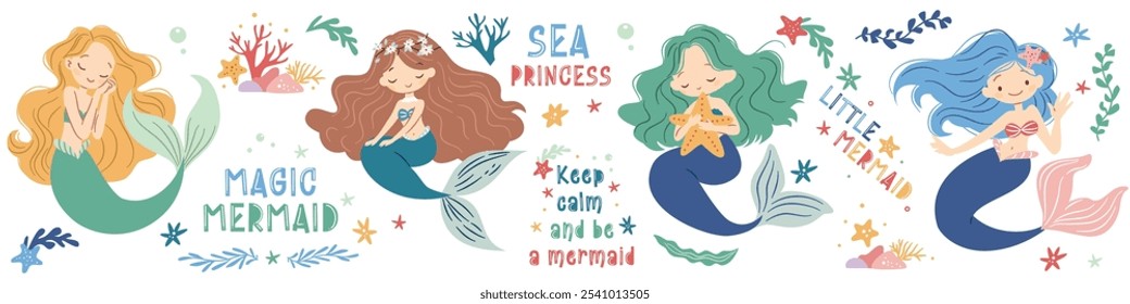 Un conjunto de ilustraciones lindas en un estilo infantil. Sirenas lindas en diferentes poses. estrellas de mar y algas marinas, inscripciones