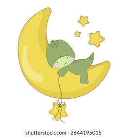 A set of cute illustrations in a childish style. Cute newborn animals sleeping on the moon, night and stars. Lion capybara fox polar bear dinosaur mouse