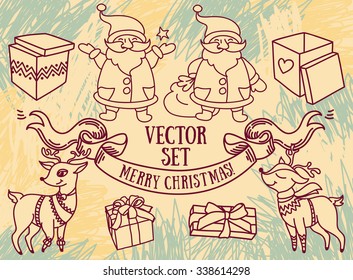 set of cute illustrations for christmas: deer, gift boxes and santa, vector collection