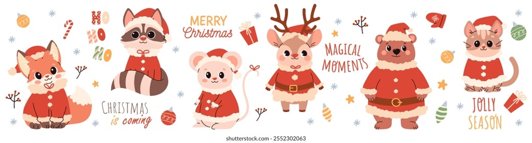 Set of cute illustrations with Christmas theme. Collection of animals in Santa Claus costume in children's style, raccoon mouse hare fox deer bear on white background with christmas lettering. Vector