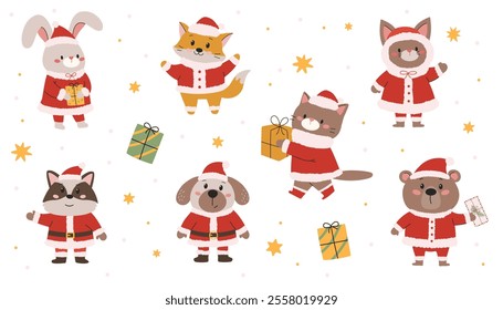 A set of cute illustrations with Christmas theme. Collection of animals in Santa Claus costume in children's style. Vector illustration