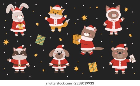 A set of cute illustrations with Christmas theme. Collection of animals in Santa Claus costume in children's style. Vector illustration