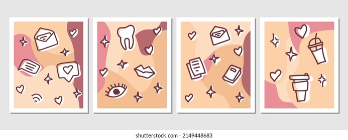 Set of cute illustrations doodle hand drawn mail, lips, coffe, tooth, book, mail on the white color on the soft pink and peach background for web, stickers, card, notebook, poster, cover and design