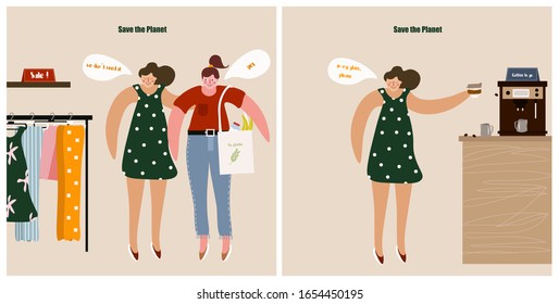 Set of cute illustrations with girls about smart consumption and caring for the planet