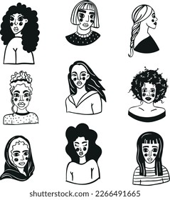 
Un conjunto de lindas ilustraciones de chicas con diferentes ropas haciendo diferentes actividades con diferentes razas. Etiquetas o insignias vectoriales