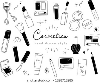 Set of cute illustrations of hand drawn cosmetics