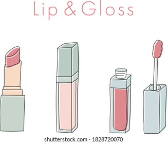 A set of cute illustrations of hand drawn lips and gloss