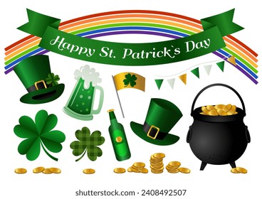 Set of cute illustrations for Happy St. Patrick Day. Vector hand-drawn clip art. 