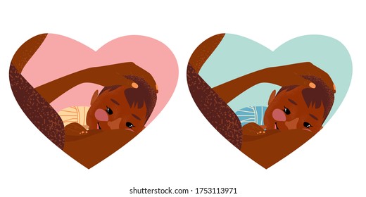 Conjunto de ilustraciones lindas. Semana de lactancia con forma de corazón. Un bebé feliz en los brazos de su madre está disfrutando de la leche materna. Niño y niña recién nacido. La primera semana de agosto. Ilustración de vector aislada en blanco