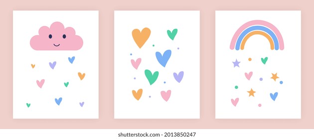Conjunto de ilustraciones lindas para niños con arco iris, estrellas y corazones. Agradable obra de guardería con doodles de color pastel sobre un fondo beige. Ilustración vectorial de dibujos animados planos