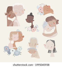 Set of cute illustrations for Mothers Day in cartoon style