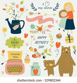 Set of cute illustrations for Mother's Day in cartoon style