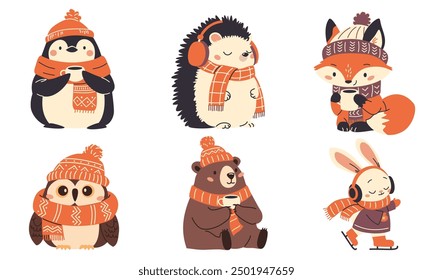 A set of cute illustrations for the new year. Owl in scarf and hat, penguin bear fox drinking a warm drink, hedgehog wearing headphones, rabbit riding on ringlets