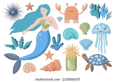 A set of cute illustrations on a nautical theme, a mermaid, an underwater world. vector illustration