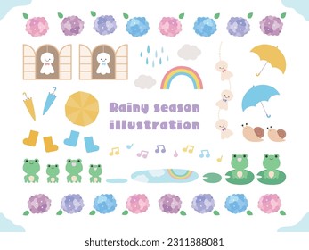 Set of cute illustrations on a rainy day.