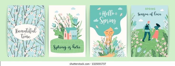 Set cute illustrations and people   spring nature  Vectir design for poster  card  invitation  placard  brochure  flyer   other