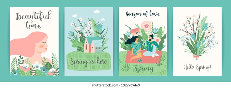 Set of cute illustrations with people and spring nature. Vectir design for poster, card, invitation, placard, brochure, flyer and other