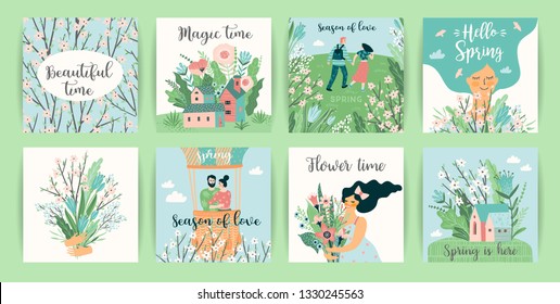Set of cute illustrations with people and spring nature. Vectir design for poster, card, invitation, placard, brochure, flyer and other