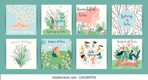Set of cute illustrations with people and spring nature. Vectir design for poster, card, invitation, placard, brochure, flyer and other