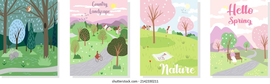 Set of cute illustrations with people and spring nature and summer. Vectir design for poster, card, invitation, placard, brochure, flyer and other EPS
