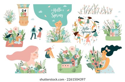 Set of cute illustrations with people and spring nature. Spring, bloom, love, relationship. Vector design.